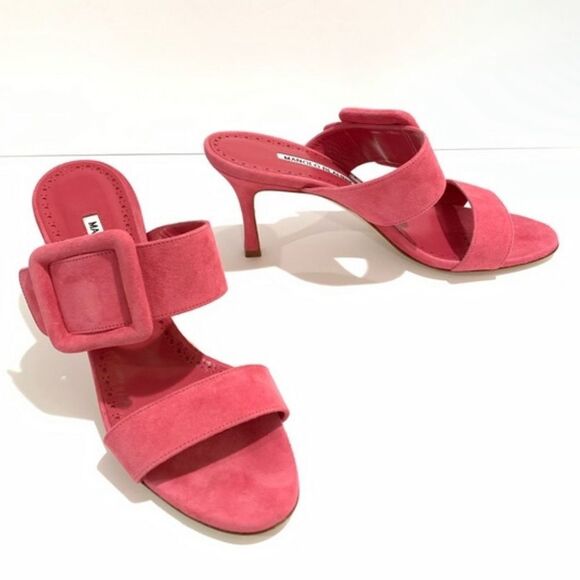 Manolo Blahnik Gable Suede Open Toe Buckle Mules in Dred Size 36 MSRP $845 - Picture 5 of 9